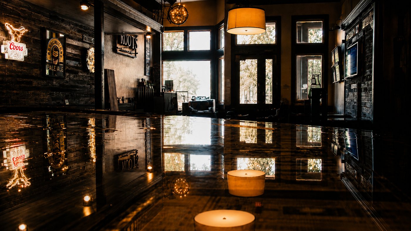 The dining room at Roots — neon beer signs, tall windows and candlelight reflecting off the polished floor