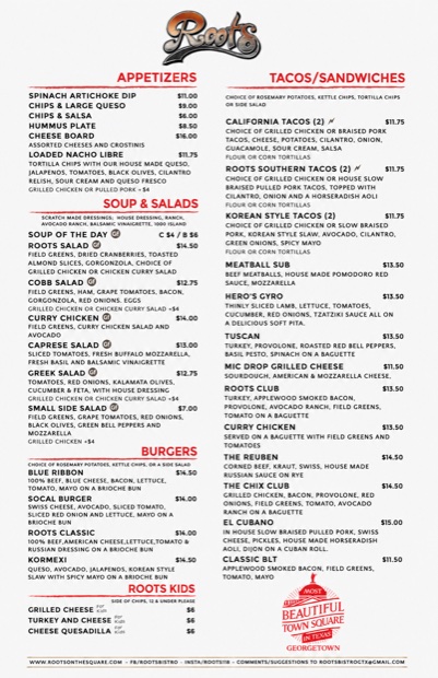 Roots printed menu, page one — appetizers, soup and salads, burgers, Roots Kids, tacos and sandwiches