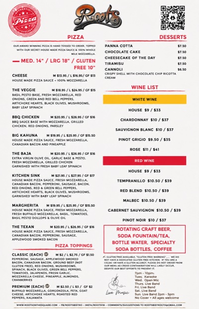 Roots printed menu, page two — pizza, pizza toppings, desserts, the wine list and live music times